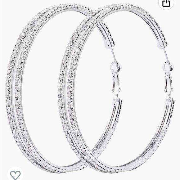 Double Oversized Rhinestone 2.5” Hoop Earrings Silver tone - Picture 4 of 9